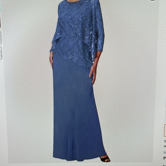 Elegant gown stormy blue with flowing chiffon skirt. Lacy sequin bolero top. - Picture 2 of 3